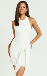 Aoife Mini Linen Dress - Sleeveless Scoop Neck Wrap Dress in White